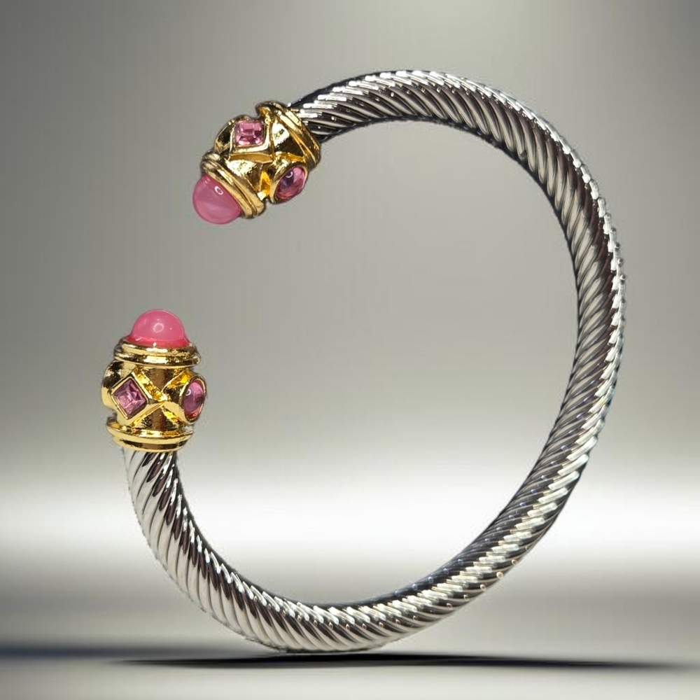 Luxury 18k Gold Silver Plated Stainless Pastel Pink Twisted Cable Cuff Bracelet